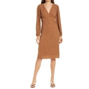 NWT All In Favor Plissé Empire Waist Midi Dress Light Brown
